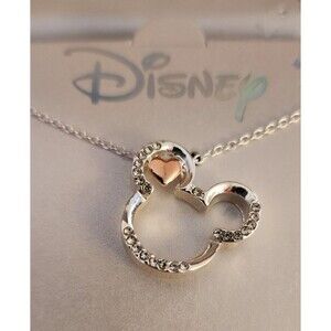 Mickey Mouse Necklace Two Tone Crystals Ears Heart Sweet Delicate Disney Gift